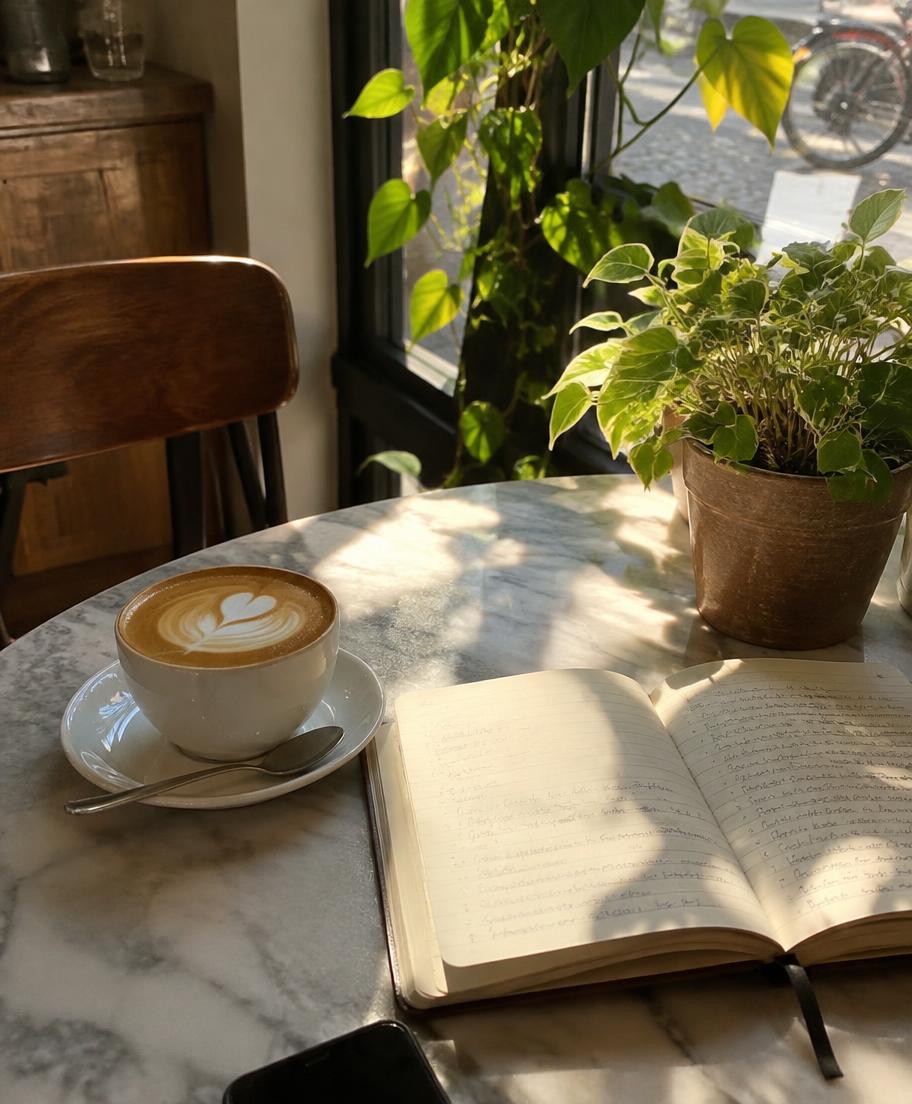 Cappuccino and notebook on a café table