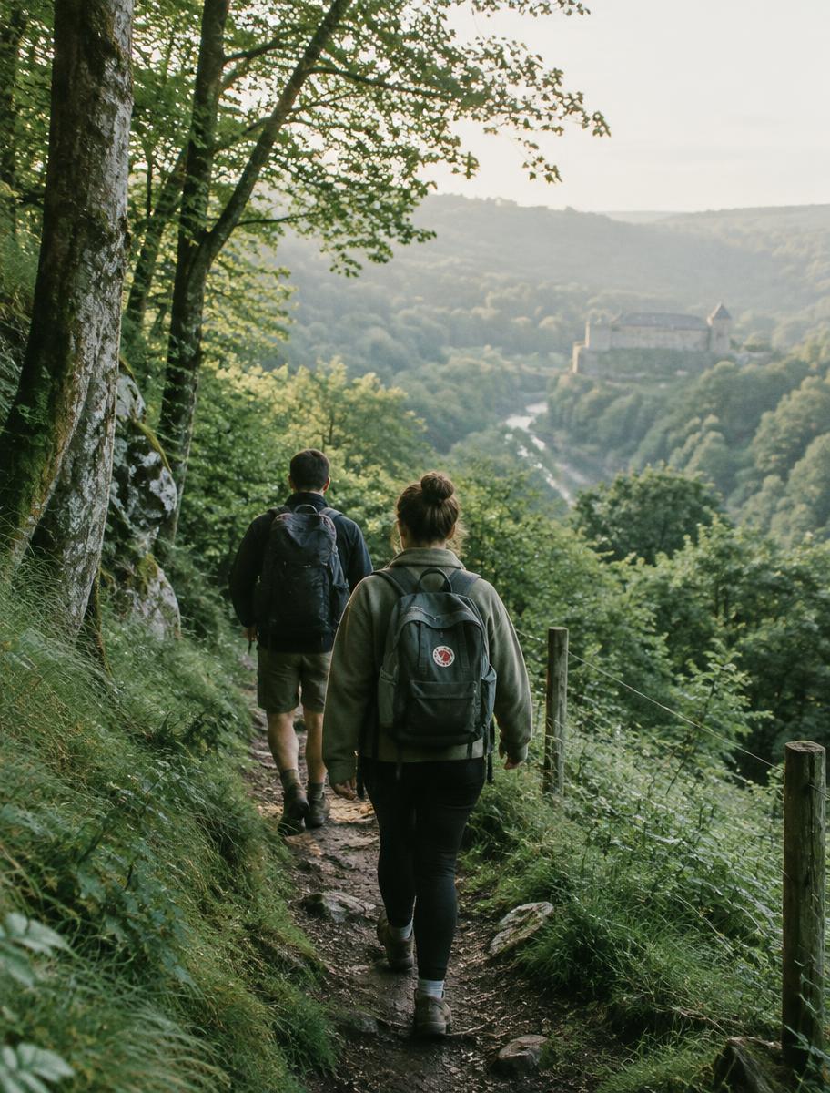 Two people hiking a forest trail