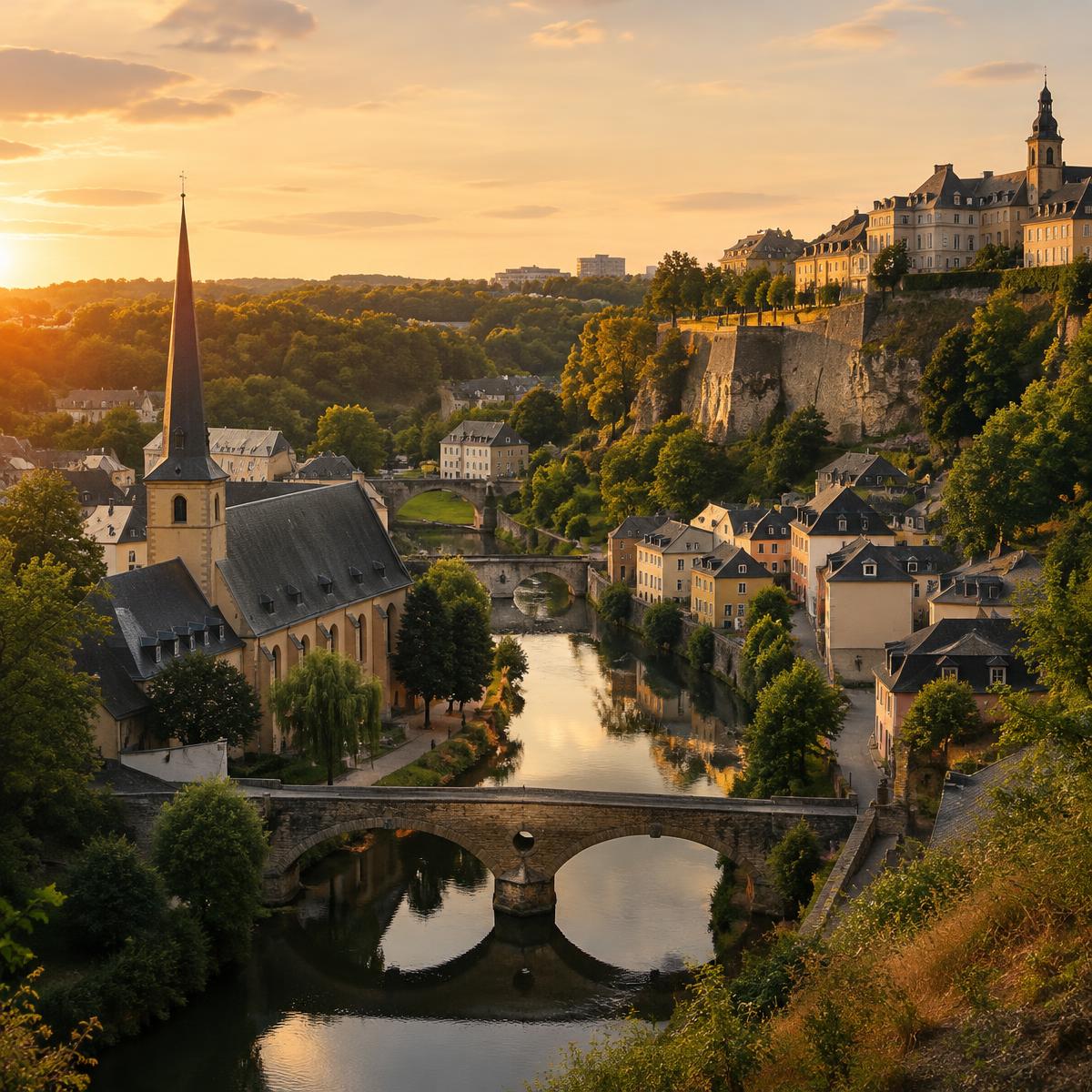Luxembourg City's Grund at golden hour