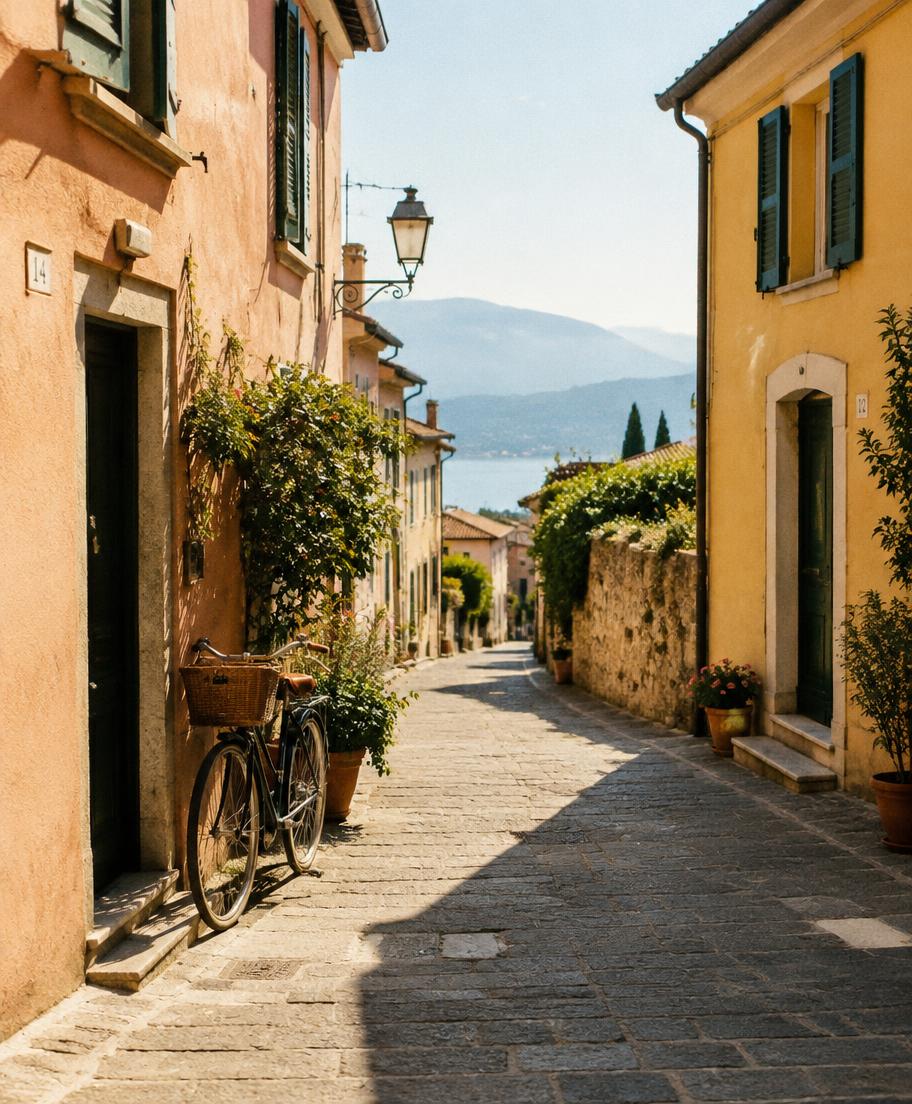 Sunlit old European street with a bicycle
